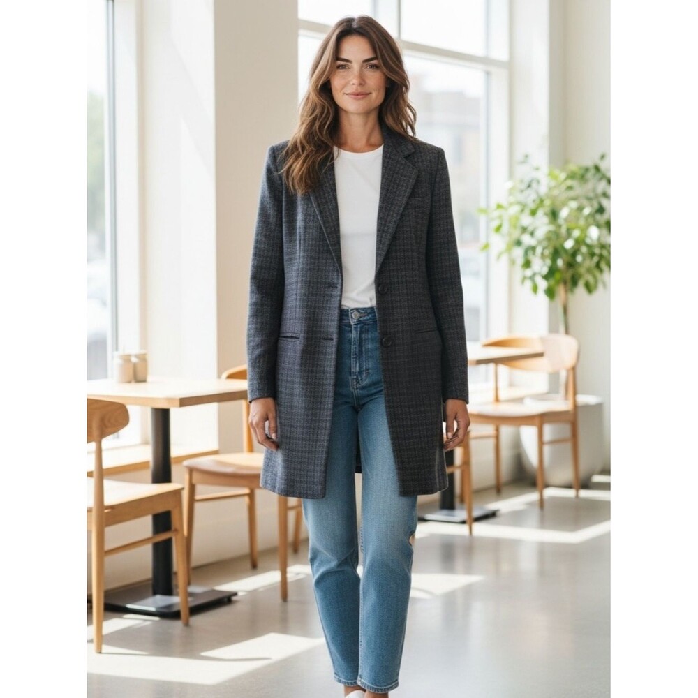 Vintage Savion Women’s Plaid Single-Breasted Long Blazer Jacket Blue Gray 10